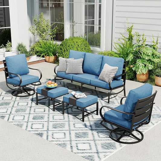 Sophia & William Patio Furniture Sets for 5 Outdoor Metal Conversation Sets 5 Pcs with 2 x Cushioned Swivel Sofa Chairs, 2 x Ottomans as Coffee Table, 1 x 3-Seat Sofa, Lawn Backyard Poolside Navy