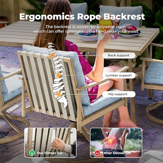 HAPPATIO 7-Piece Outdoor Dining Set for 6, Aluminum Patio Dining Set Includes 6 Swivel Dining Chairs and 1 Large Rectangular Table with Umbrella Hole, Patio Furniture Set for Lawn, Porch, Brown