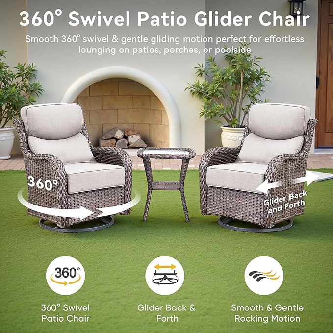Luxury High Back Outdoor Swivel Rocker Patio Chairs with Side Table & 6-Inch Thick Cushions, 2 Pieces Patio Furniture Set for Porch, Balcony, Deck and Yard