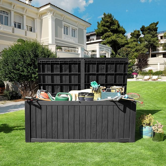 YITAHOME 150 Gallon Large Deck Box w/Divider, XL Waterproof Outdoor Storage for Patio Furniture,Outdoor Cushions, Garden Tools, Sports Equipment and Pool Supplies, Resin, Lockable, Black