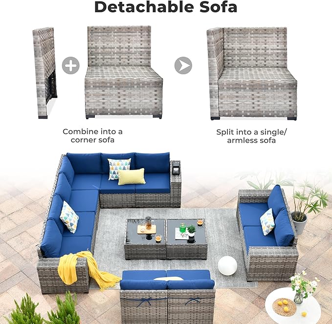 ovios 12 Pieces Patio Furniture Set, Outdoor Wicker Sectional Sofa with Glass Table Comfy Cushions, Modern Modular Deep Seat Couch Rattan Conversation Set, Navy Blue