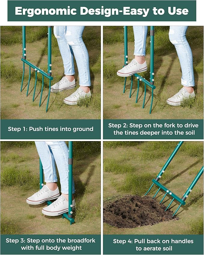 Broadfork Garden Tool, Pitch Fork 5 Tines Hand Tiller, Garden Fork with Ergonomic U-Shaped Design, Pitchfork for Gardening, Cultivating, Aerate Clay Soil for Farm