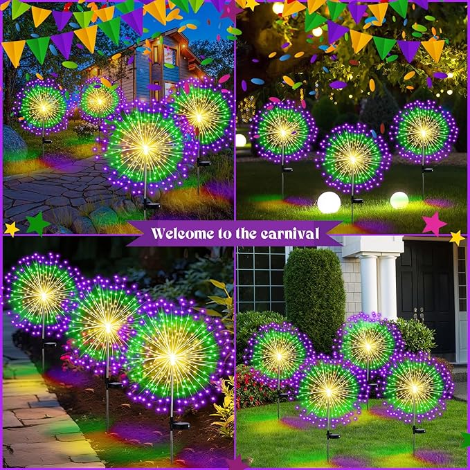 4 Pack Solar Firework Lights Decorations Garden Pathway Solar Power Light Stake Waterproof Landscape Lamp with 180 LED 8 Modes for Christmas 4th of July Party Decoration(Green, Yellow, Purple)