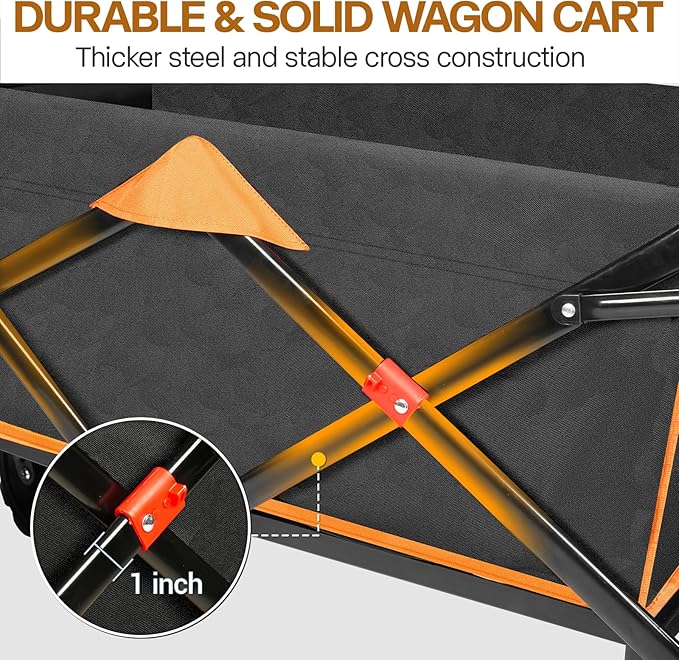 Taifa Foldable Collapsible Wagon Cart with Extra Push Pull Handle, Heavy Duty Portable Folding Beach Utility Grocery Wagon Cart with Big Wheels and Brakes for Sand, Camping, Shopping, Black and Orange