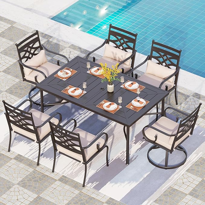 PHI VILLA 7 Pcs Patio Dining Sets,Outdoor Table Chair Set for 6 with 2 Outdoor Swivel Chairs and Metal Rectangular Table,Outdoor Dining Furniture with Cushion and Pillow for Garden Lawn Deck