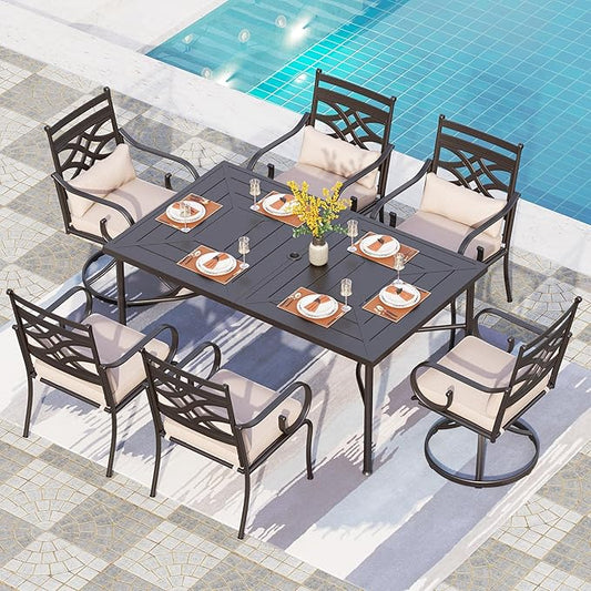 PHI VILLA 7 Pcs Patio Dining Sets,Outdoor Table Chair Set for 6 with 2 Outdoor Swivel Chairs and Metal Rectangular Table,Outdoor Dining Furniture with Cushion and Pillow for Garden Lawn Deck