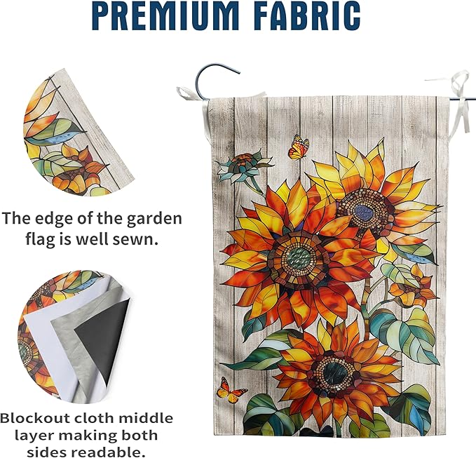Stained Glass Sunflower Fall Garden Flag Autumn Flower Yard Signs for Outside 12x18 Double Sided Small Thanksgiving Monarch Butterfly Banner Outdoor Farmhouse Decorations