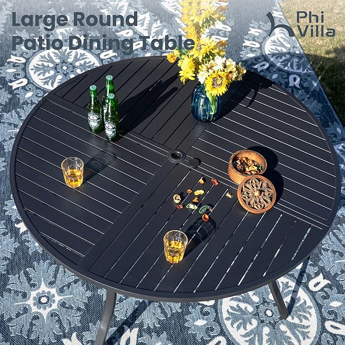 PHI VILLA 7 Piece Outdoor Patio Dining Set with 6 Swivel Dining Chairs & 1 Large Round Dining Table, Gray Textilene Mesh Fabric Chair and 54" Metal Table for All Weather