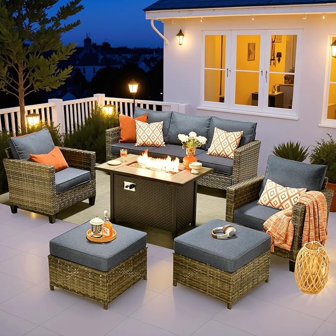 ovios Patio Furniture Set, 6 Pieces Outdoor Wicker Sofa Couch with Fire Pit Table, Ottomans and Comfy Cushions, All Weather High Back Rattan Conversation Set, Denim Blue