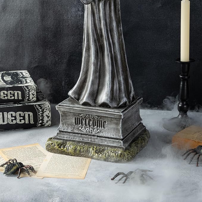 Glitzhome Halloween Porch Decorations, Lighted Halloween Front Porch Standing Sign Decor with Timer, Resin Grim Reaper Sign for Indoor Patio Party, 24" H