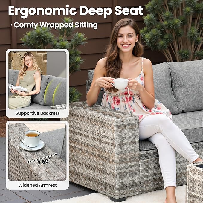 ovios 13 Pieces Patio Furniture Set, Outdoor Wicker Sectional Sofa with 42 Inch Fire Pit Table Comfy Cushions, Modern Modular Deep Seat Rattan Couch Conversation Set, Dark Grey