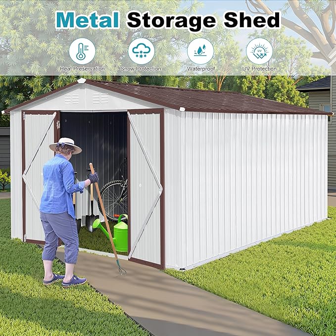 10x12 FT Outdoor Storage Shed, Metal Tool Shed with Lockable Doors & Peaked Roof, Garden Shed with Vented Design for Backyard Garden Patio Lawn, White+Coffee