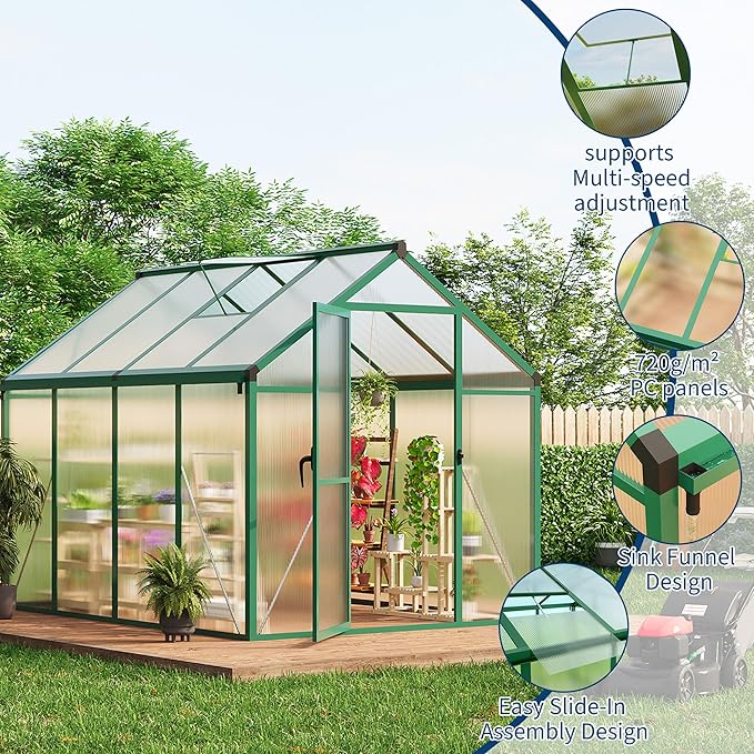 6x8 FT Greenhouse for Outdoors, Polycarbonate Greenhouse with Roof Vent, Ground Nails, Lockable Push Door, Aluminum Large Walk-in Green House for Outside Garden Backyard, Patio, Lawn, Green