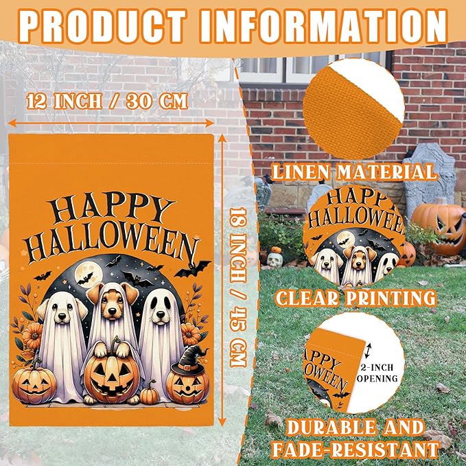 Happy Halloween Garden Flag for Outside, 12x18 Inch Double Sided Halloween Dog Pumpkin Ghost Bats Yard Flag, Farmhouse Small Yard Flags for Outdoor Decorations, Holiday Decor Gifts-A05