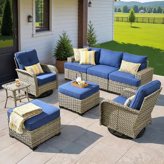 HOOOWOOO Outdoor Sectional Patio Furniture Set,8 Pieces Wicker Conversation Sets,Extra Deep Out Door Sofa Outside Furniture Couch with Swivel Chairs Ottoman,Denim Blue