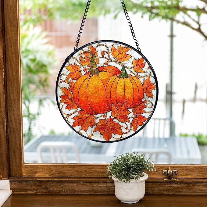 TNUW Fall Autumn Pumpkin Stained Glass Window Hanging, Farmhouse Autumn Pumpkin Maple Leaf Sun Catchers Indoor Window Glass Round Wall Art Decor, Rustic Fall Wall Hanging Decorations, 7.9＂x7.9＂