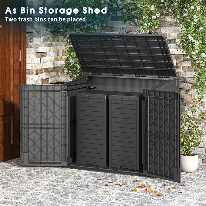 Outdoor Storage Shed 36 Cu. Ft. Resin Garden Horizontal Storage Large Capacity Weather Resistant Storage Box, Lockable Resin Waterproof Shed for Garbage Cans, Garden Tools