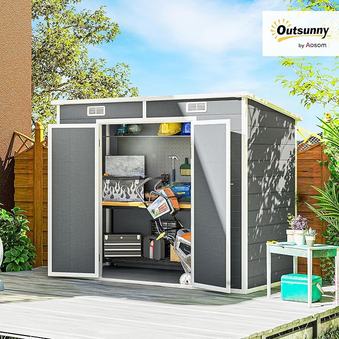 Outsunny 8' x 4' Outdoor Storage Shed, Resin Plastic Shed with Floor, Window, Lockable Doors and Vents, All-Weather Tool Shed for Backyard, Patio, Lawn, Gray