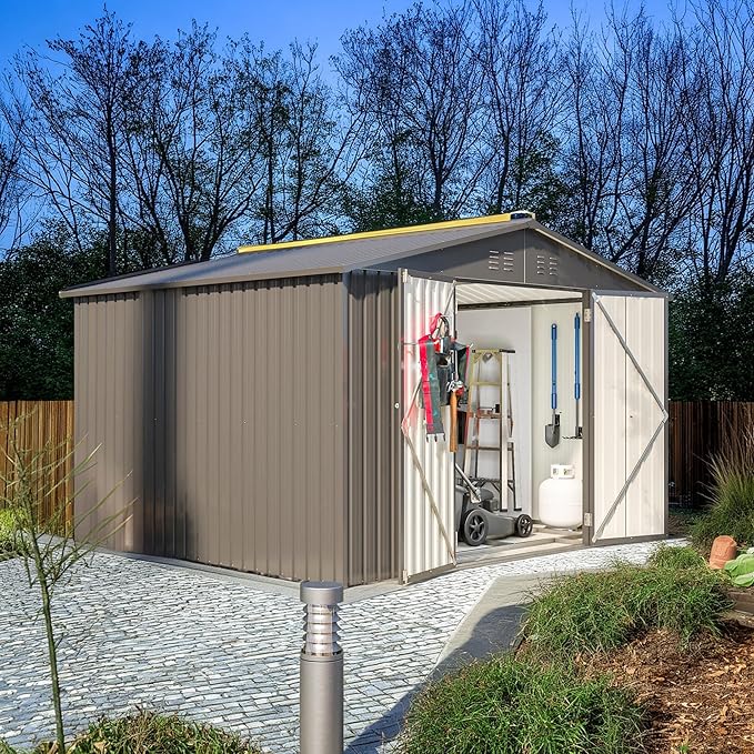 10X8 FT Outdoor Tool Storage Shed with Metal Foundation & Lockable Doors, All Weather Metal Sheds for Garden, Patio, Backyard, Lawn, Black