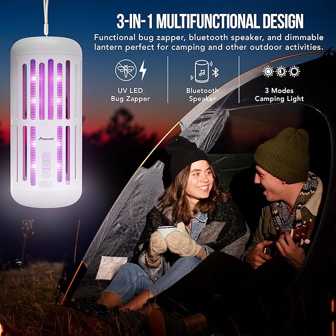 ASPECTEK Portable Bug Zapper with Bluetooth Speaker – Rechargeable LED Mosquito Zapper and Ambient Light, Cordless Insect Device for Indoor/Outdoor Use, Patio, Camping, Garden – 3-in-1 Design