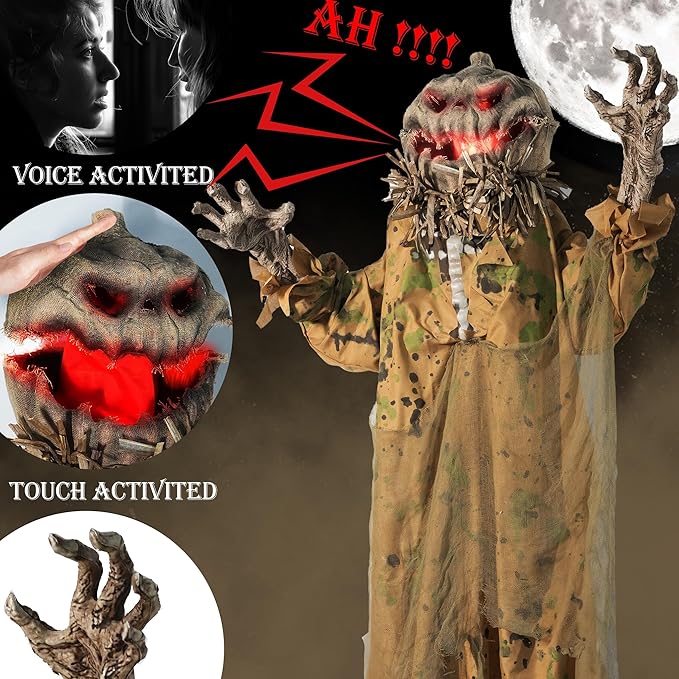 Hourleey 6FT Animatronics Halloween Decorations Outdoor, Animated Pumpkin Ghost with Pop Up Head and Sound Activation for Indoor Party Haunted House Prop Yard Lawn Decor