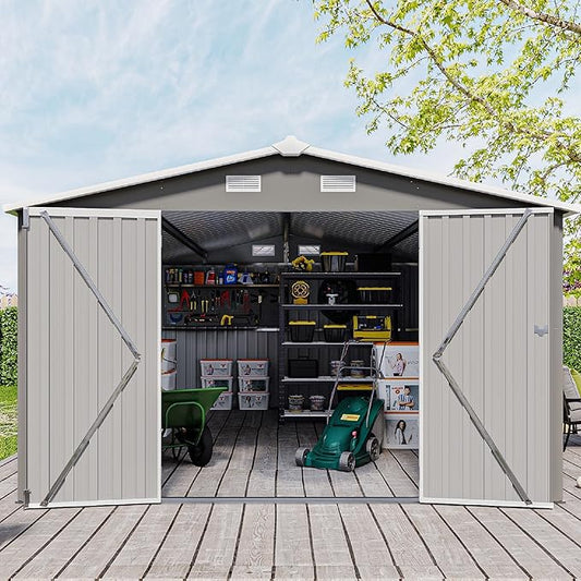 KEIKI 10x 14 FT Metal Storage Shed Outdoor, Large Garden Shed with Roof & Lockable Doors, Utility Tool Sheds Frame & 4 Vents for Patio Backyard Bicycles Storage House, All Weather Use, Light Grey