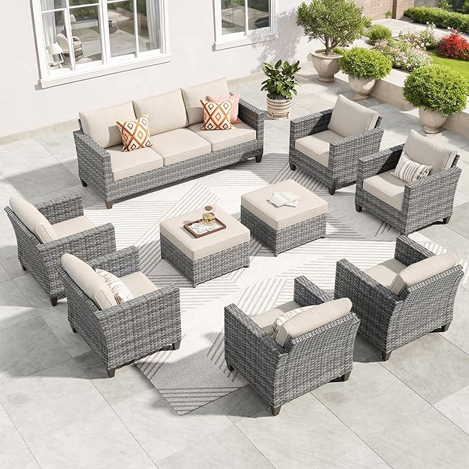 ovios Patio Furniture Set, 9 Pieces Outdoor Wicker Sofa Couch with 6 Chairs, Ottomans and Comfy Cushions, All Weather High Back Rattan Conversation Set, Beige