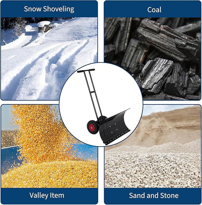 GarveeHome Snow Shovel Pusher for Driveway, Large 29" W Snow Shovel Pusher with Wheels, Ergonomic Snow Pusher Shovel with Snow Removal Adjustable Angle & Height Handle for Sidewalk, Double Rod