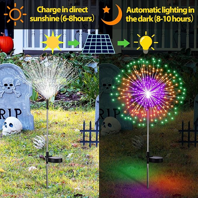 Halloween Decorations Outdoor 4 Pack Colored Solar Firework Lights with 180 LED Halloween Solar Lights 8 Modes Green Orange Purple Outside Lights for Yard Pathway Patio Garden Party Decorations