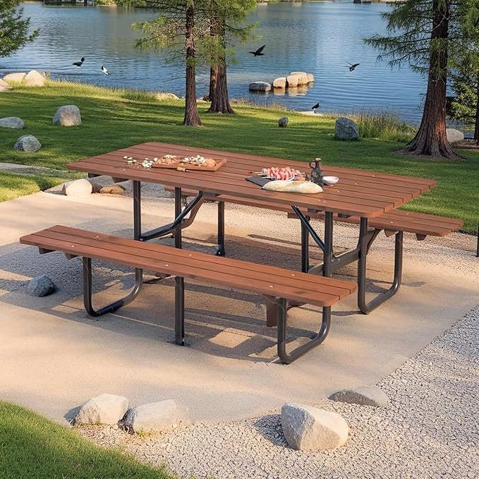 Outdoor Picnic Table with Benches, 6 - Person Picnic Table, Wooden Patio Dining Set, 1.97'' Umbrella Hole, Waterproof and Rounded Corners Design for Backyard, Garden, Park, Restaurant, Picnic, Natural