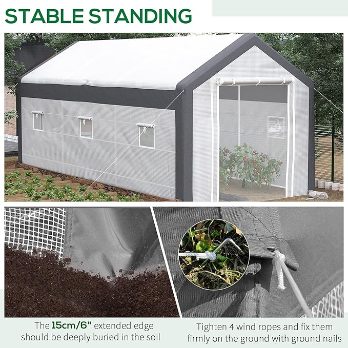 Outsunny 20' x 10' x 9' Walk-in Greenhouse, Outdoor Gardening Canopy with 6 Roll-up Windows, 2 Zippered Doors & Weather Cover, White