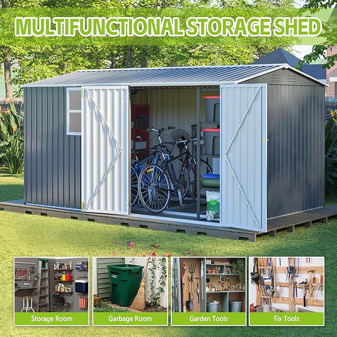 8x12FT Outdoor Storage Shed,XL Heavy-Duty Metal Shed W/Window & Floor Frame,Garden Tool House W/ 4 Air Vents,Dual Sliding Hinged Door & Sloped Roof,for Backyard,Patio,Lawn,Grey
