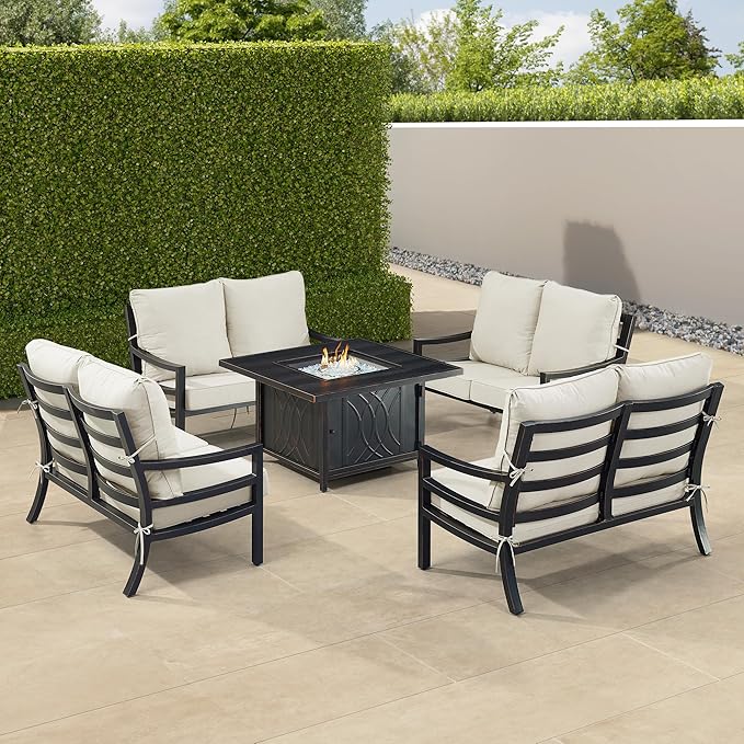 Oakland Living Black Aluminum Patio Fire Table Set with Four Deep Seating Loveseat with Cushions with Light Grey Cushions