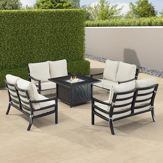 Oakland Living Black Aluminum Patio Fire Table Set with Four Deep Seating Loveseat with Cushions with Light Grey Cushions