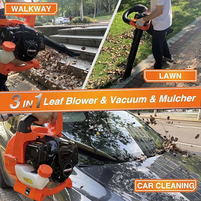 PROYAMA Gas Powered Leaf Blower, 3-in-1 26cc 2-Cycle Handheld Leaf Blower & Leaf Vacuum Mulcher, 412 CFM 200 MPH Cordless Blower with 10 Gallon Collection Bag for Lawn Yard Blowing Snow Dust Debris