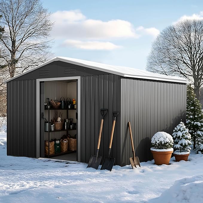 Nuu Garden 8 x 10 FT Outdoor Storage Shed with Sliding Doors, Galvanized Sheet Tool Shed with Sloping Roof, Anti-Corrosion Garden Shed with Air Vents for Backyard Patio Lawn, Black
