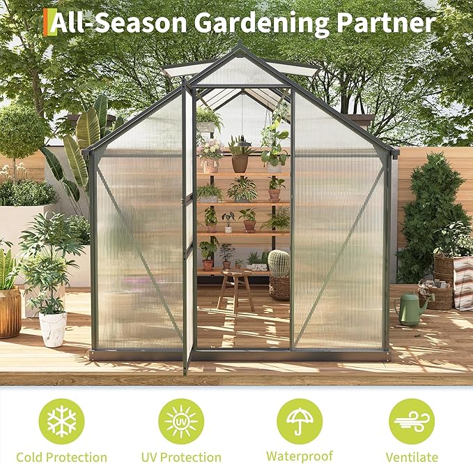 Greenhouses for Outdoors, Polycarbonate Greenhouse with Quick Setup Structure & Roof Vent, Heavy Duty Frame Walk-in Green Houses for Outside Garden Backyard