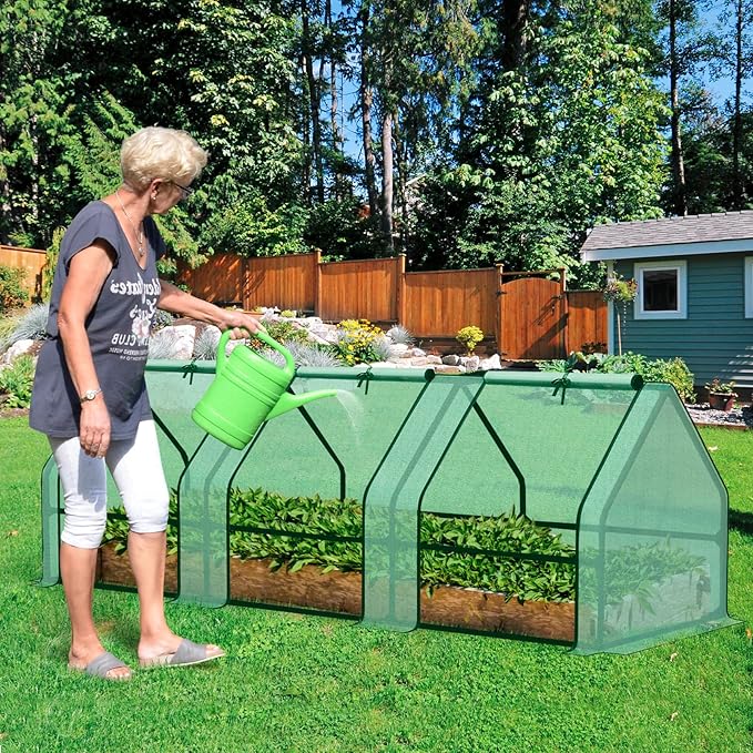 BPS 9x3x3 ft Mini Greenhouse with Green PE Cover UV-Protected Roll-Up Zipper Doors, Ideal for Indoor or Outdoor Use on Raised Garden Beds