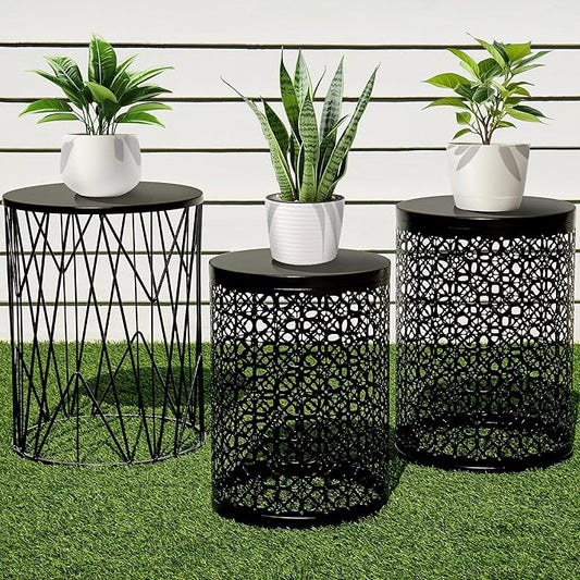 Y&M Set of 3 Stacking Coffee Table for Living Room, Nesting Side Table,Indoor End Tables for Bedroom, Outdoor Decorative Garden Stool with Heavy Duty Metal Frame Modern Industrial Decor - Black