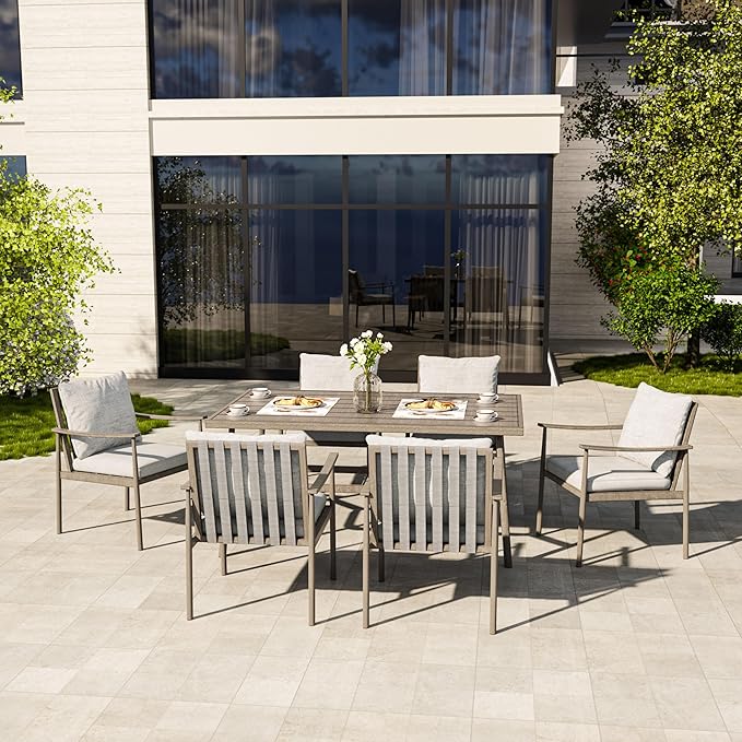 HAPPATIO 7-Piece Outdoor Dining Set for 6, Aluminum Patio Dining Set Includes 6 Dining Chairs and 1 Large Rectangular Table with Umbrella Hole, Patio Furniture Set for Lawn, Porch, Backyard, Grey