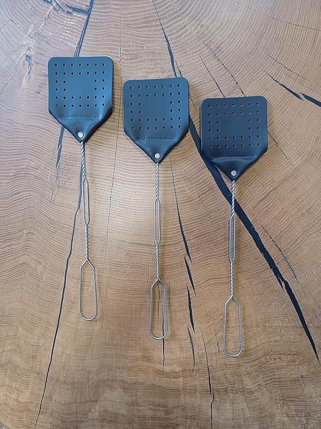 Leather Fly Swatter Set (3 Pack) – 17” Amish-Made Fly Swat w/Real Leather Paddle – Fly Swatters Multi Pack w/Metal Handle – Bug Swatter, Mosquito Swatter, Wasp Swatter (Black)