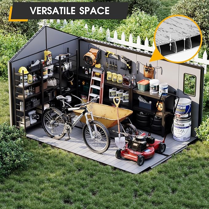 8 x 12 FT Resin Garden Storage Shed, All-Weather Plastic Outdoor Shed with Floor, Lockable Doors & Windows, Plastic Tool Shed for Poolside, Backyard, Patio