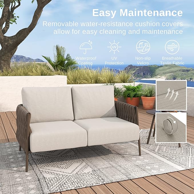 EAST OAK Life Chatter Loveseat, Outdoor Furniture, Deep Seating for Garden, Balcony, Backyard, Chestnut Brown & Creamy Apricot
