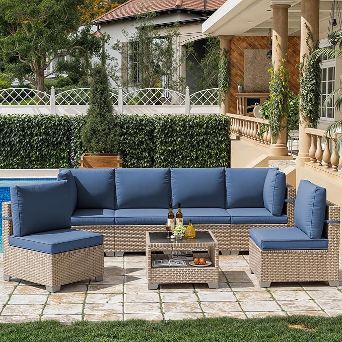 7 Pieces Patio Furniture Set, Outdoor Sectional Wicker Sofa with Thick Cushions and Storage Coffee Table, Rattan Patio Conversation Sets for Deck Yard Poolside, Navy