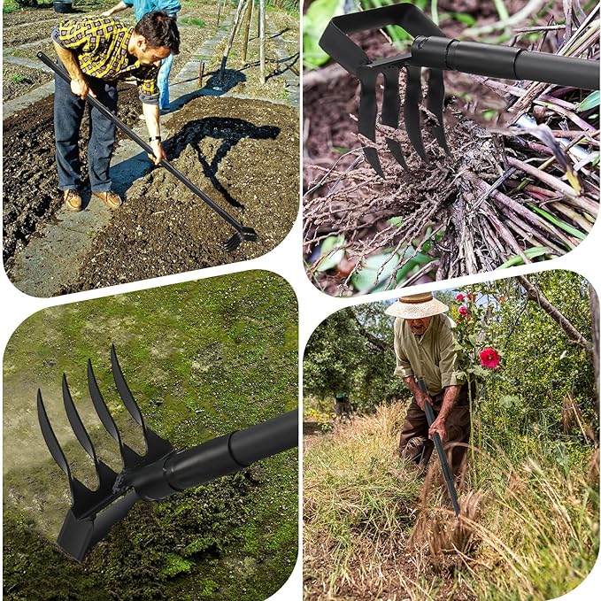 Garden Hoe Stirrup Hoe Weeding Tools, 2-in-1 Garden Hoe for Weeding with 62.6" Adjustable Handle, Heavy Duty Gardening Tools with 4 Tines for Weeding, Loosening, Digging and Cultivation