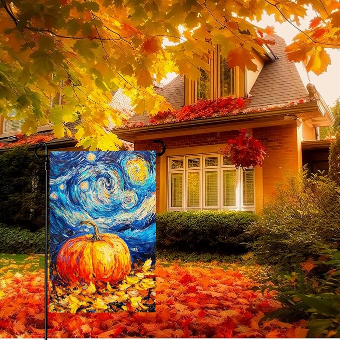 Fall Pumpkin Garden Flag Autumn Golden Leaf Yard Flags Van Gogh Oil Painting House Banner Art Starry Night Sky Moon Thanksgiving Harvest Garden Flags for Outside Porch Lawn Decor 12 x 18 Inch