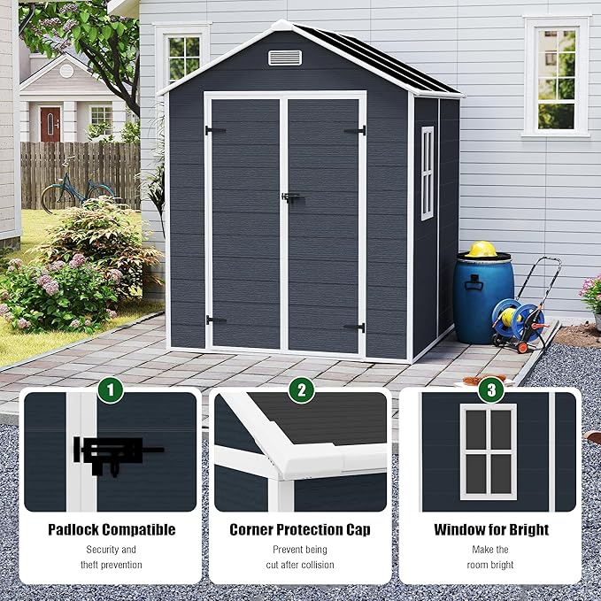 Outdoor Storage Shed 6x6 FT, Resin Shed with Floor & Window, Lockable Door, Vents, Outside Sheds & Garden Shed for Patio Furniture, Gardening Tools, Pool Equipment (Dark Gray, 6 * 6ft)