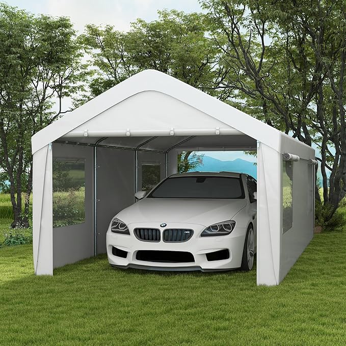 Outsunny Carport 10' x 20' Portable Garage, Heavy Duty Car Port Canopy with 2 Roll-up Doors & 4 Ventilated Windows for Car, Truck, Boat, Garden Tools, White