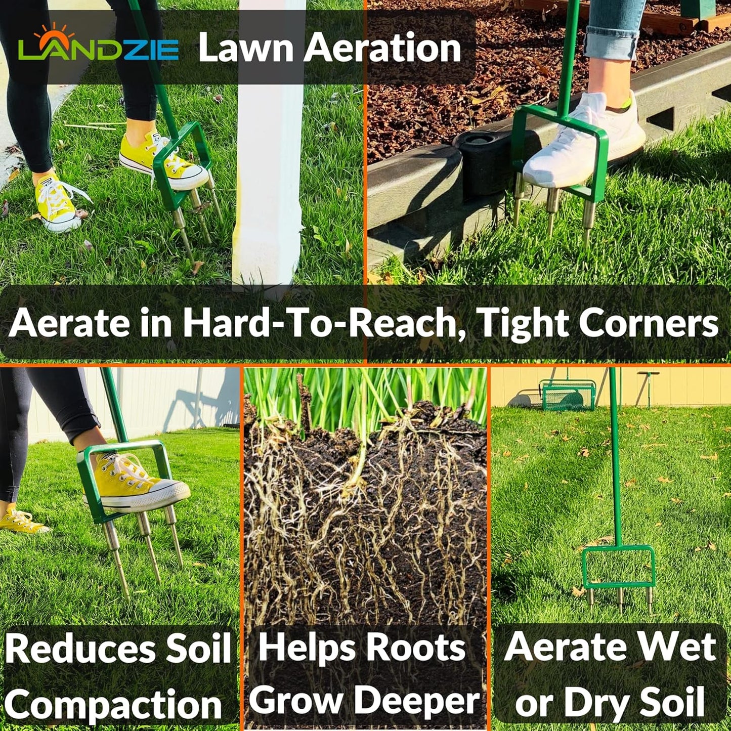 Landzie - The Original Spike Tine Fork Lawn Aerator - 42 Inch Manual Stainless Steel Gardening Hand Tool - Grass Dethatcher Aerator Lawn Tool with Solid Tines for Compacted Soil