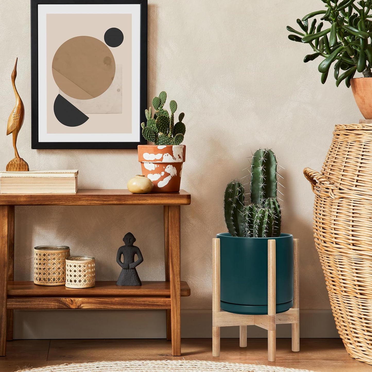 D'vine Dev Ceramic Planter with Natural Stand - 10 Inch Modern Round Flower Pot with Wood Planter Holder, Teal, 55-B-K-4